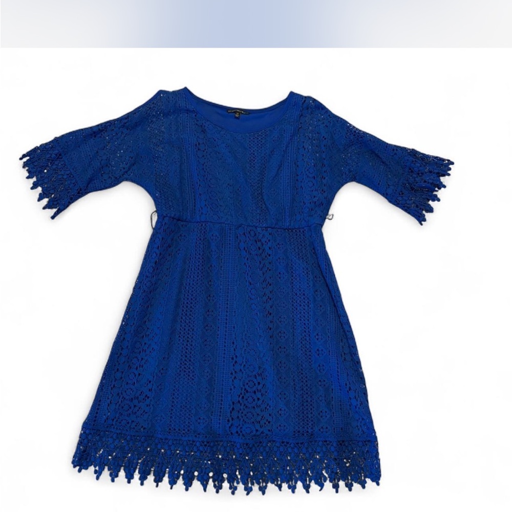 Elegant Blue Girls Bell Sleeve Shoulder Cutout Dress with Belt Loops